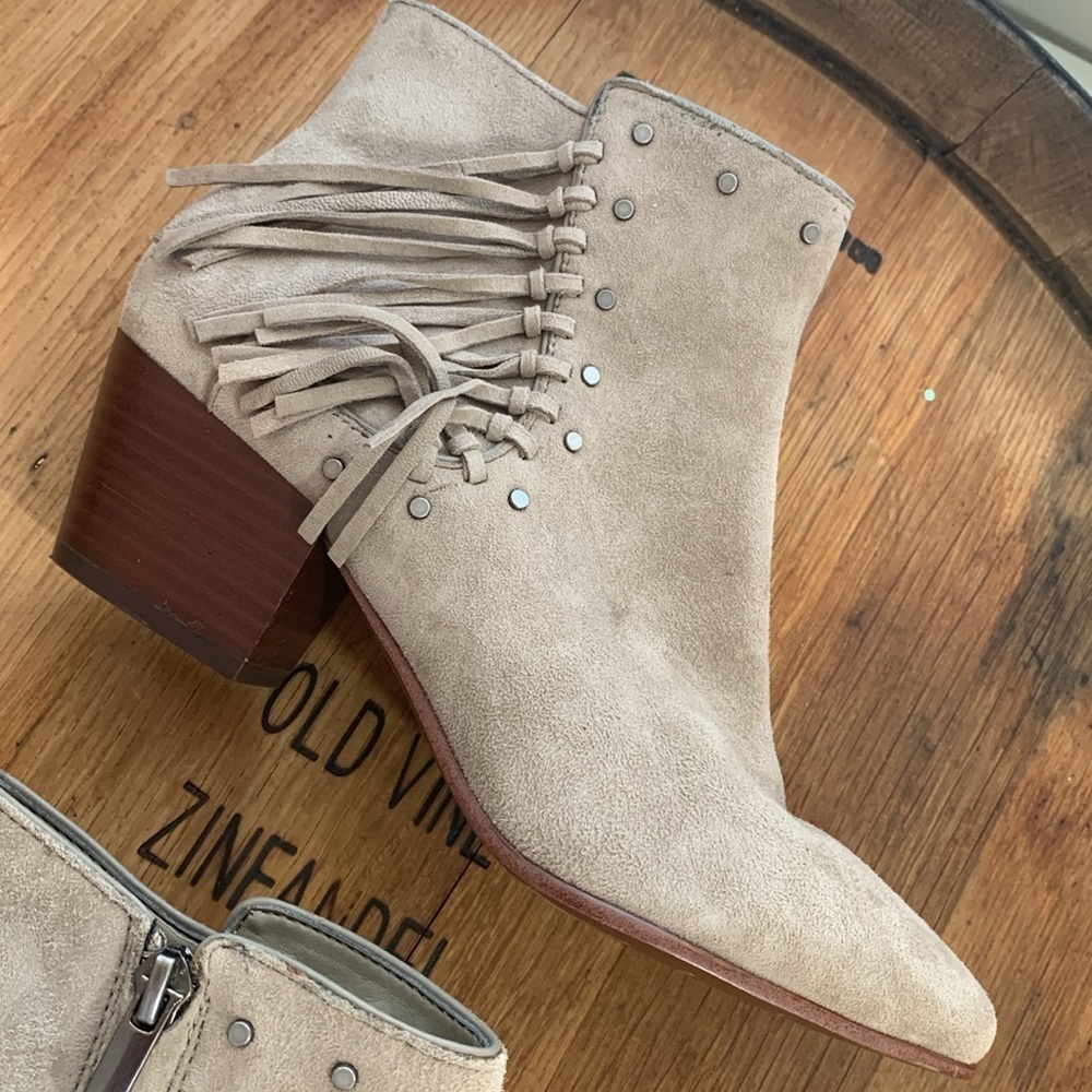 Sam Edelman | Rudie Tan Suede Fringe Tassel Studded Zip Slip On Ankle Boots 7M - Picture 11 of 17